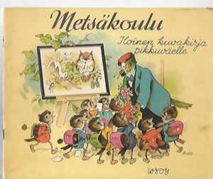 그림책 표지: 새 선생님이 어린 새들을 숲에서 가르치고 있는 그림